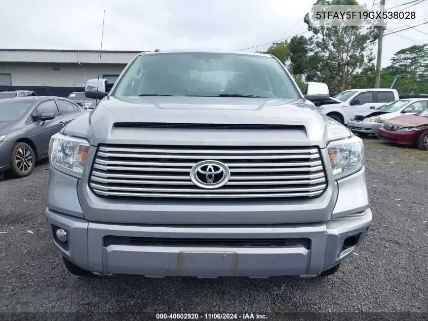 2016 Toyota Tundra Platinum 5.7L V8 VIN: 5TFAY5F19GX538028 Lot: 40802920