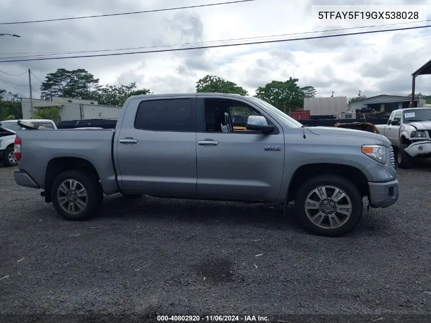 2016 Toyota Tundra Platinum 5.7L V8 VIN: 5TFAY5F19GX538028 Lot: 40802920