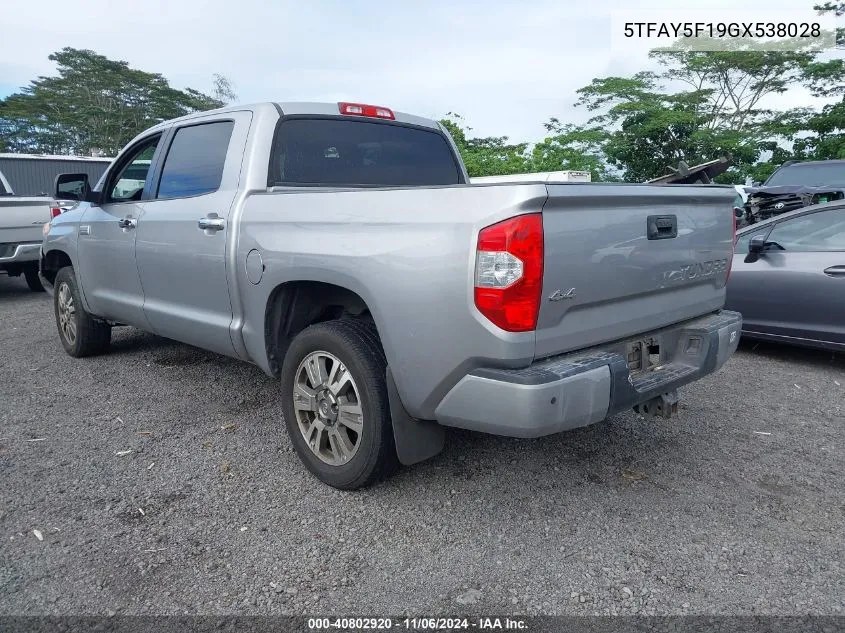 2016 Toyota Tundra Platinum 5.7L V8 VIN: 5TFAY5F19GX538028 Lot: 40802920