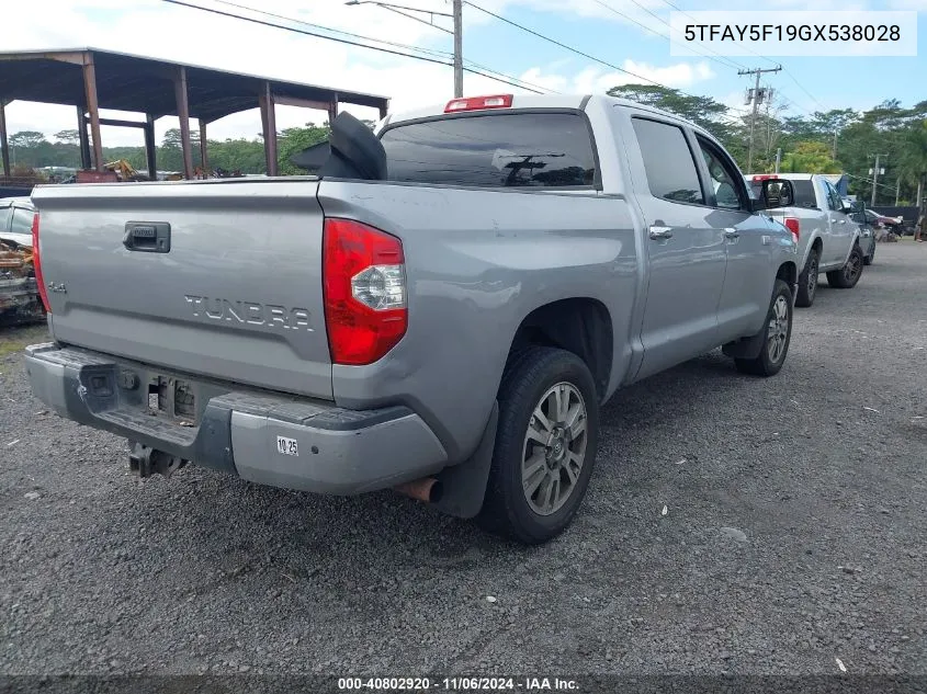 2016 Toyota Tundra Platinum 5.7L V8 VIN: 5TFAY5F19GX538028 Lot: 40802920