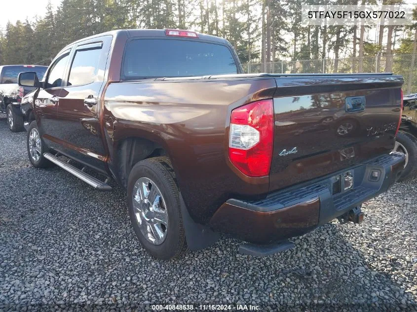 2016 Toyota Tundra Platinum 5.7L V8 VIN: 5TFAY5F15GX577022 Lot: 40848538