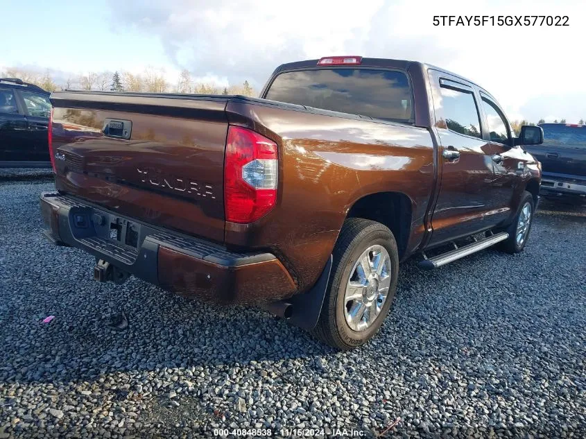 2016 Toyota Tundra Platinum 5.7L V8 VIN: 5TFAY5F15GX577022 Lot: 40848538