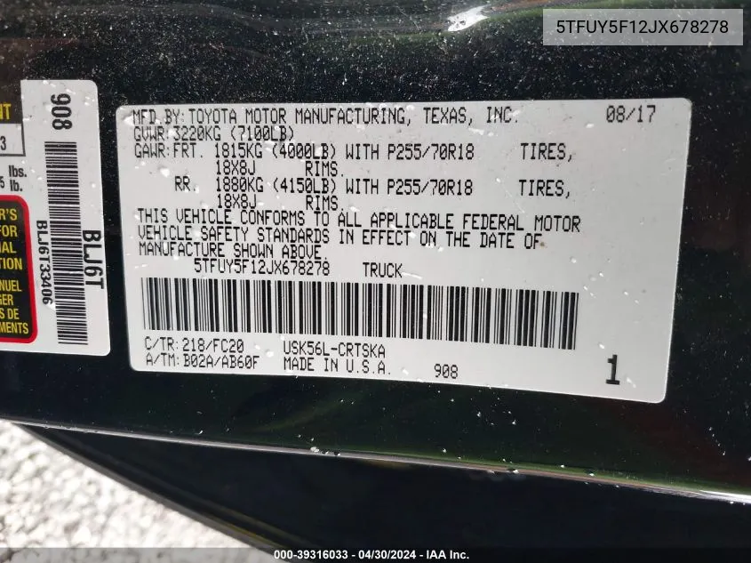 5TFUY5F12JX678278 2018 Toyota Tundra Sr5 5.7L V8