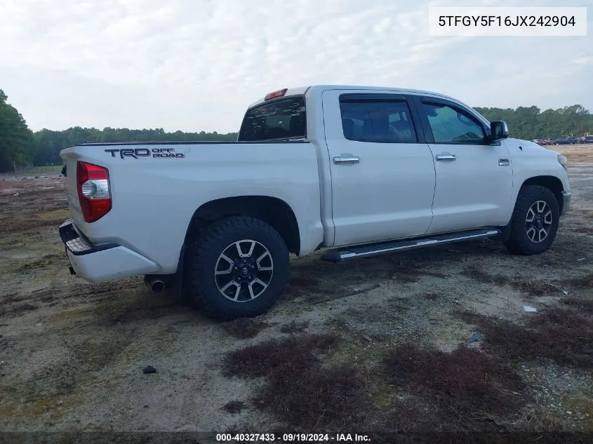 2018 Toyota Tundra Crewmax 1794/Platinum VIN: 5TFGY5F16JX242904 Lot: 40327433