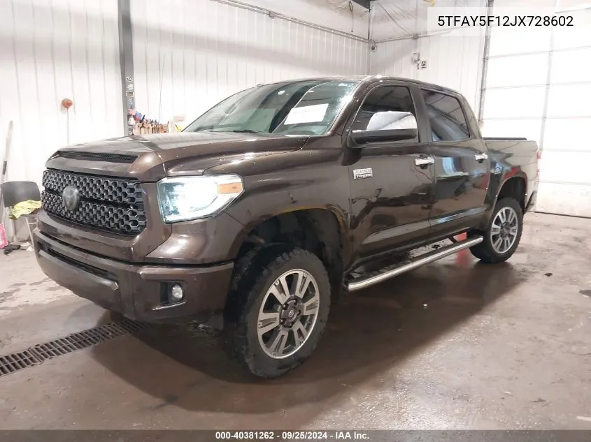 2018 Toyota Tundra Platinum 5.7L V8 VIN: 5TFAY5F12JX728602 Lot: 40381262