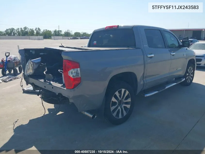 2018 Toyota Tundra Limited 5.7L V8 VIN: 5TFFY5F11JX243583 Lot: 40587235