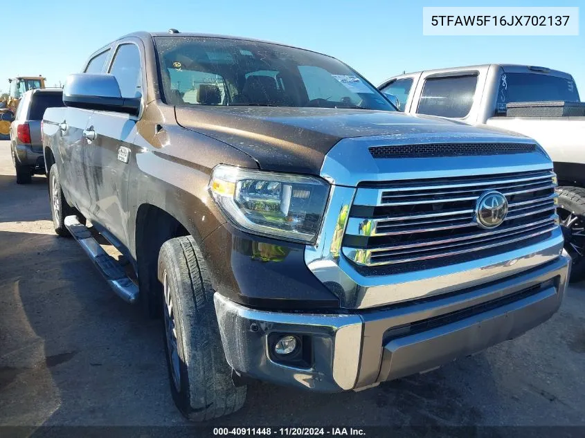 2018 Toyota Tundra 1794 5.7L V8 VIN: 5TFAW5F16JX702137 Lot: 40911448