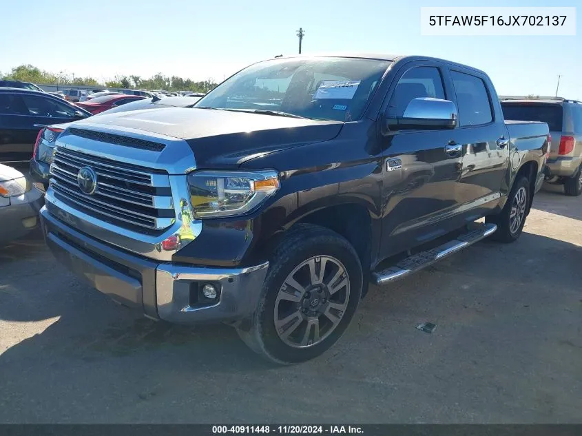 2018 Toyota Tundra 1794 5.7L V8 VIN: 5TFAW5F16JX702137 Lot: 40911448