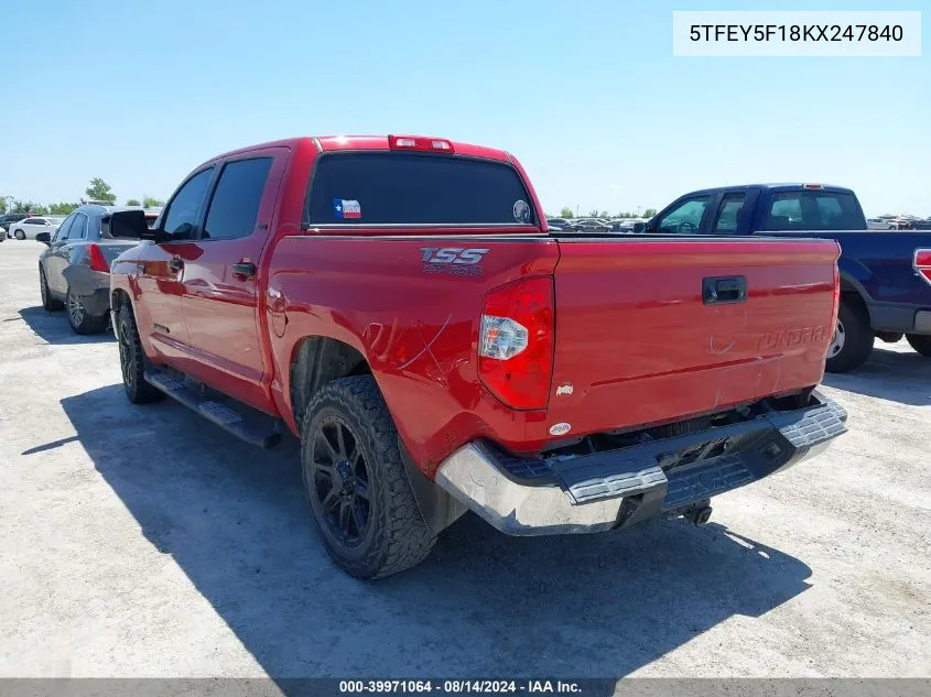 2019 Toyota Tundra Sr5 5.7L V8 VIN: 5TFEY5F18KX247840 Lot: 39971064