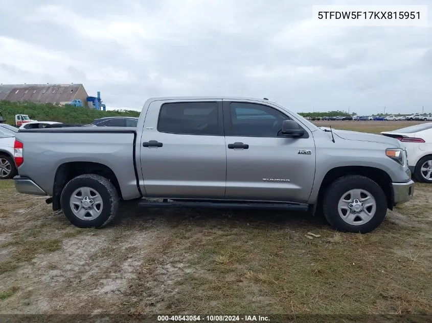 2019 Toyota Tundra Crewmax Sr5 VIN: 5TFDW5F17KX815951 Lot: 40543054