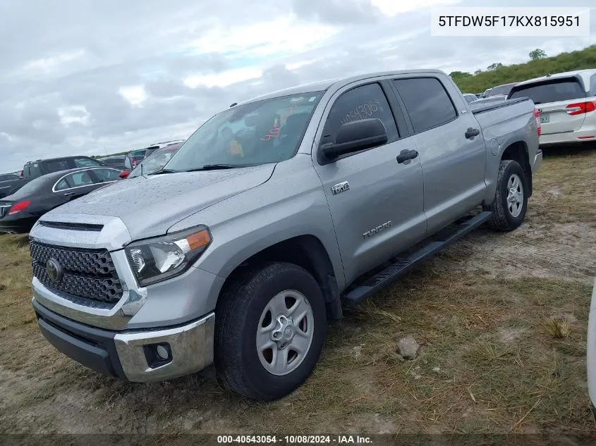 2019 Toyota Tundra Crewmax Sr5 VIN: 5TFDW5F17KX815951 Lot: 40543054