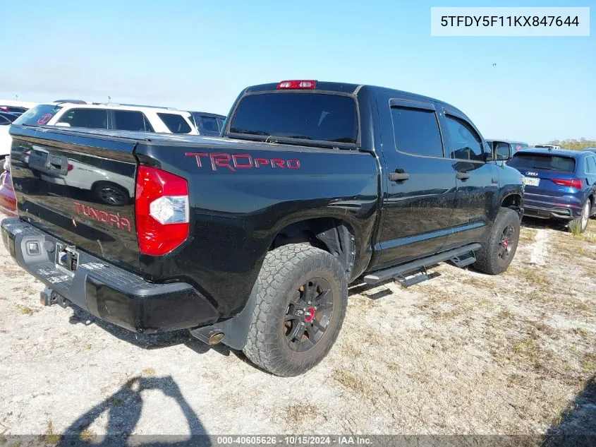 2019 Toyota Tundra Trd Pro 5.7L V8 VIN: 5TFDY5F11KX847644 Lot: 40605626