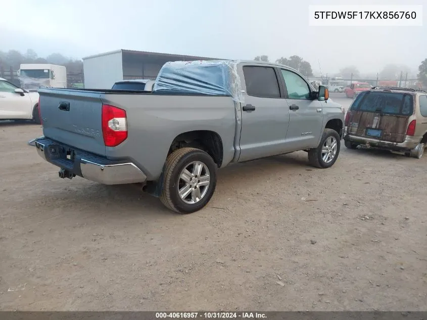 2019 Toyota Tundra Sr5 5.7L V8 VIN: 5TFDW5F17KX856760 Lot: 40616957