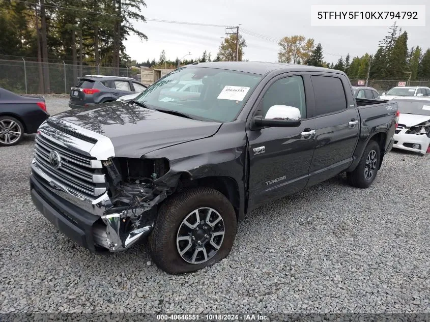 2019 Toyota Tundra Limited 5.7L V8 VIN: 5TFHY5F10KX794792 Lot: 40646551