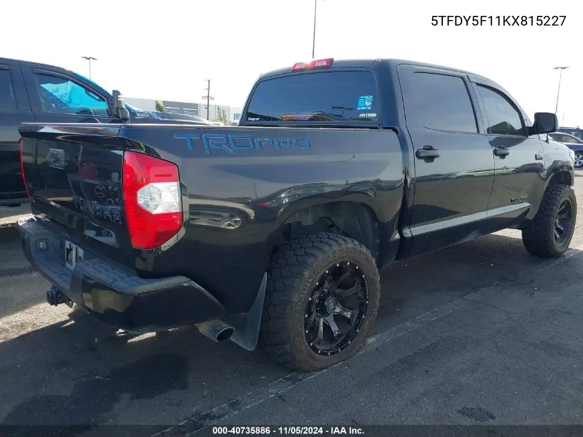 2019 Toyota Tundra Trd Pro 5.7L V8 VIN: 5TFDY5F11KX815227 Lot: 40735886