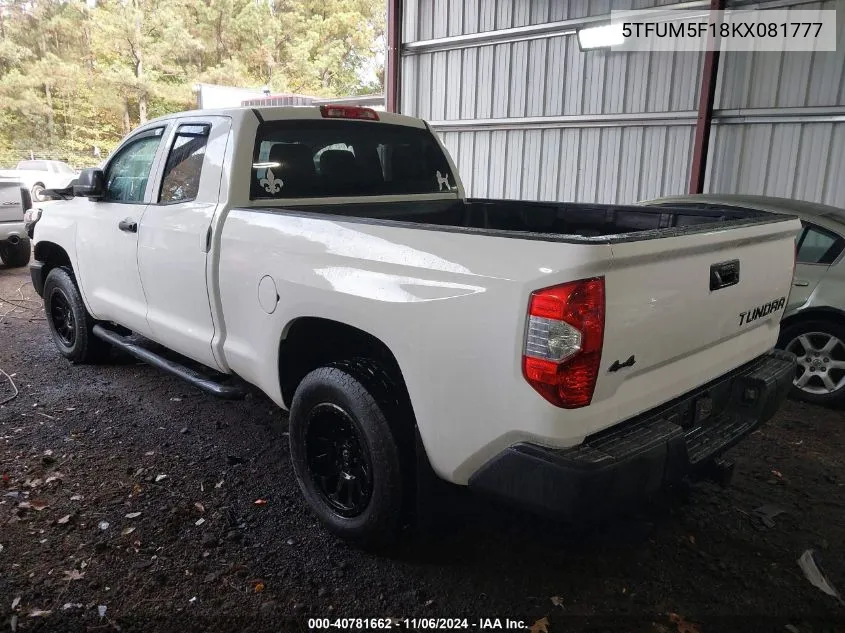 2019 Toyota Tundra Sr 4.6L V8 VIN: 5TFUM5F18KX081777 Lot: 40781662