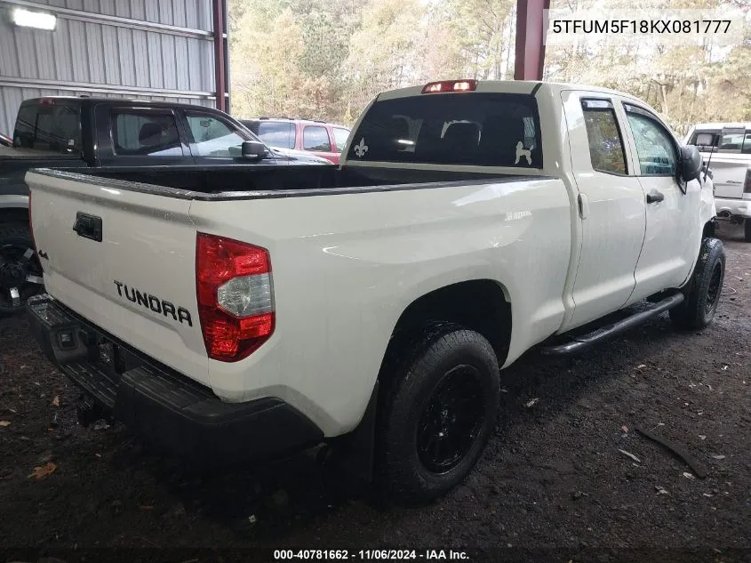 2019 Toyota Tundra Sr 4.6L V8 VIN: 5TFUM5F18KX081777 Lot: 40781662