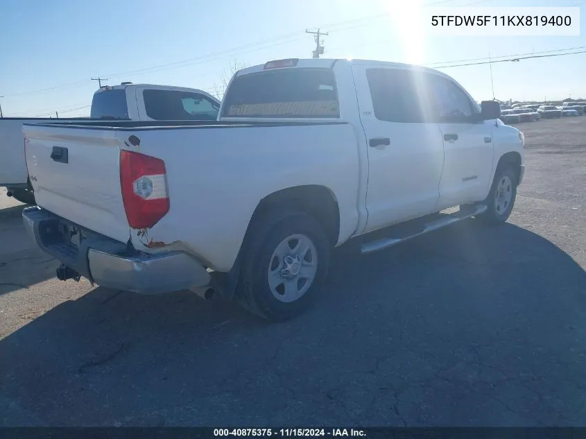 2019 Toyota Tundra Sr5 5.7L V8 VIN: 5TFDW5F11KX819400 Lot: 40875375