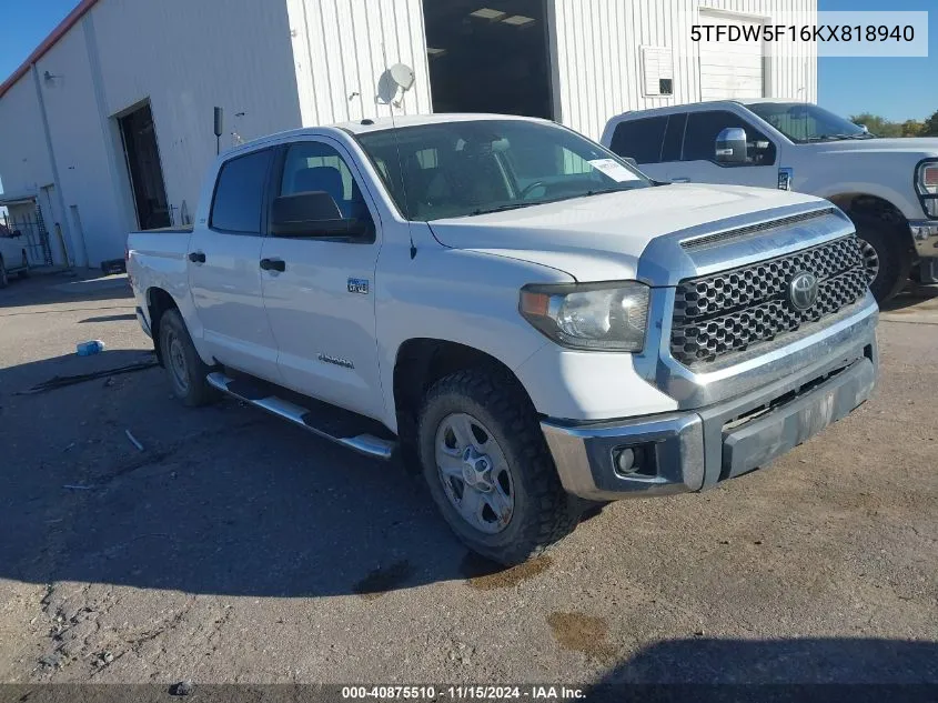 2019 Toyota Tundra Sr5 5.7L V8 VIN: 5TFDW5F16KX818940 Lot: 40875510