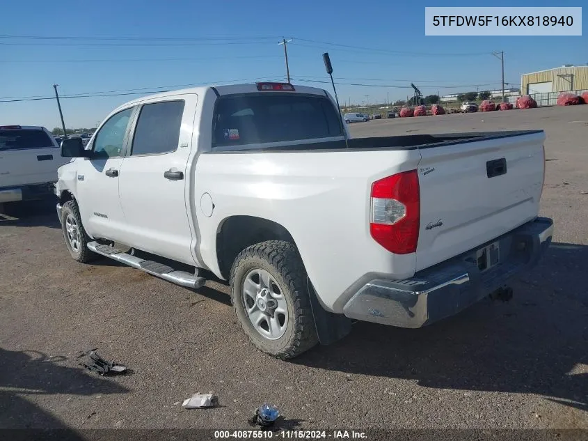 2019 Toyota Tundra Sr5 5.7L V8 VIN: 5TFDW5F16KX818940 Lot: 40875510