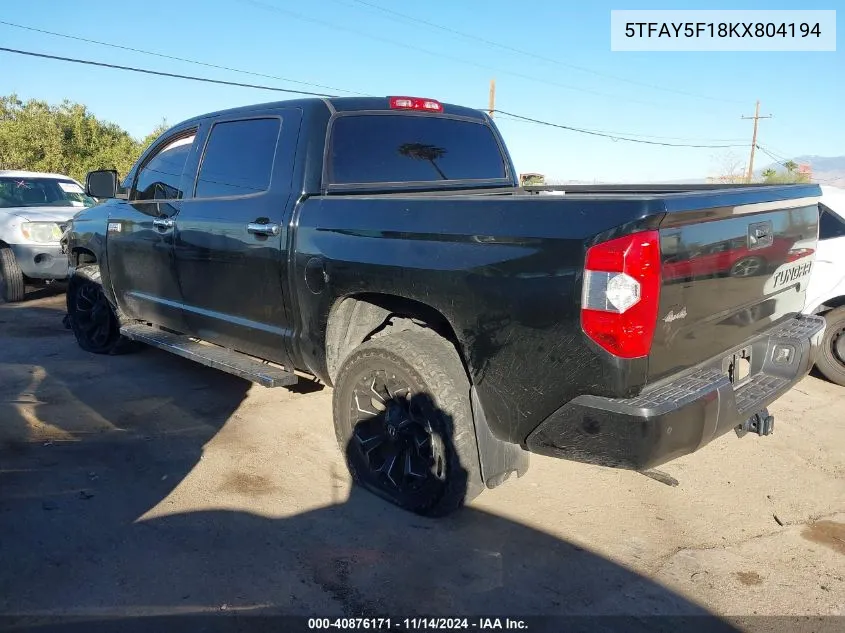 2019 Toyota Tundra Platinum 5.7L V8 VIN: 5TFAY5F18KX804194 Lot: 40876171