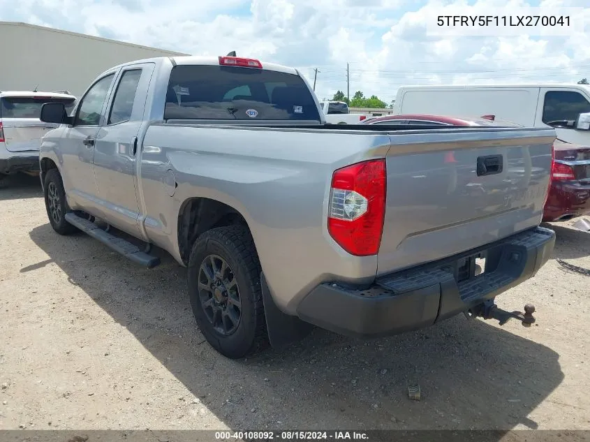 2020 Toyota Tundra Sr VIN: 5TFRY5F11LX270041 Lot: 40108092