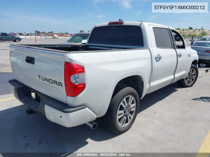 5TFGY5F1XMX300212 2021 Toyota Tundra Platinum