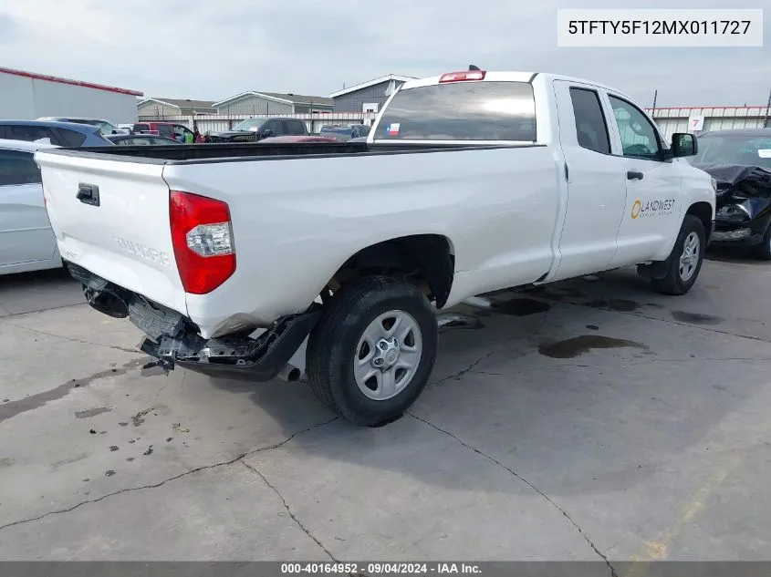 2021 Toyota Tundra Sr VIN: 5TFTY5F12MX011727 Lot: 40164952