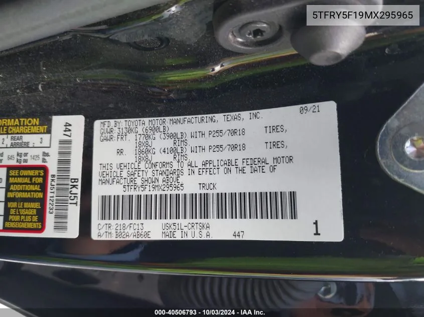 5TFRY5F19MX295965 2021 Toyota Tundra Sr5