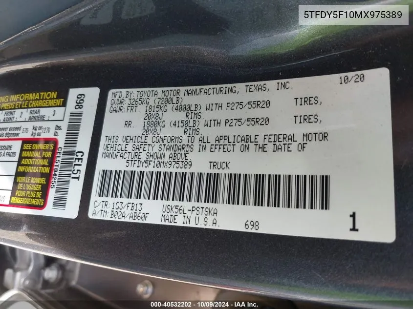 2021 Toyota Tundra Sr5 VIN: 5TFDY5F10MX975389 Lot: 40532202