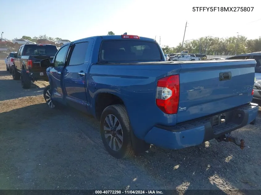 2021 Toyota Tundra Limited VIN: 5TFFY5F18MX275807 Lot: 40772298