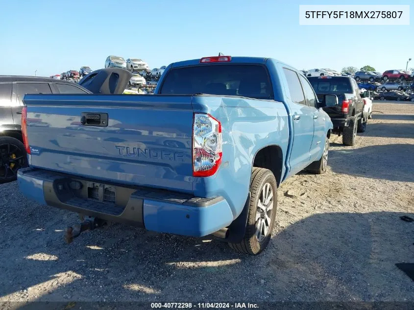 2021 Toyota Tundra Limited VIN: 5TFFY5F18MX275807 Lot: 40772298