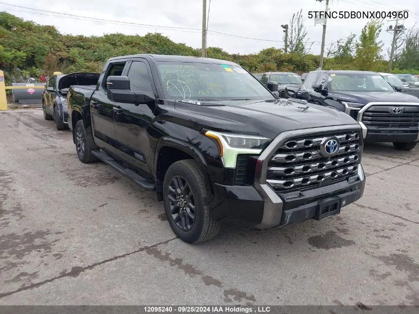 2022 Toyota Tundra Hybrid Platinum VIN: 5TFNC5DB0NX004960 Lot: 12095240