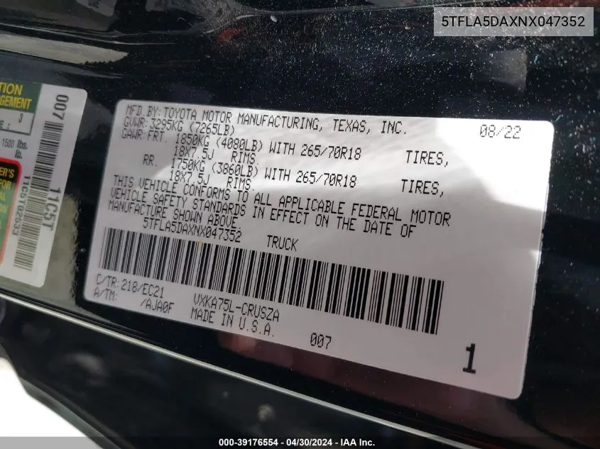 5TFLA5DAXNX047352 2022 Toyota Tundra Sr5