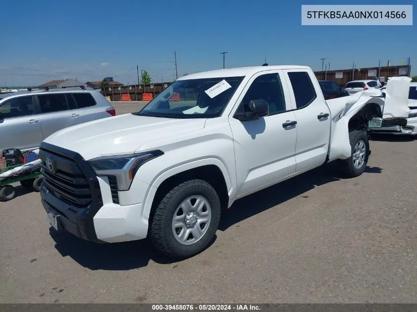 2022 Toyota Tundra Sr VIN: 5TFKB5AA0NX014566 Lot: 39458076