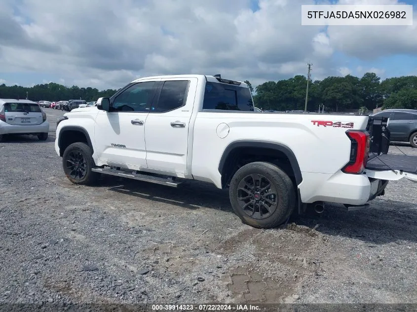 2022 Toyota Tundra Limited VIN: 5TFJA5DA5NX026982 Lot: 39914323