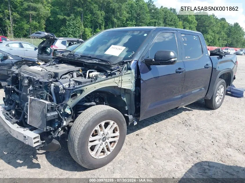 2022 Toyota Tundra Sr5 VIN: 5TFLA5AB5NX001862 Lot: 39970289