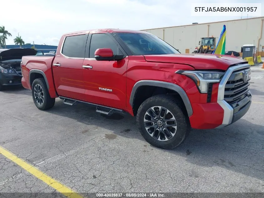 2022 Toyota Tundra Limited VIN: 5TFJA5AB6NX001957 Lot: 40039837