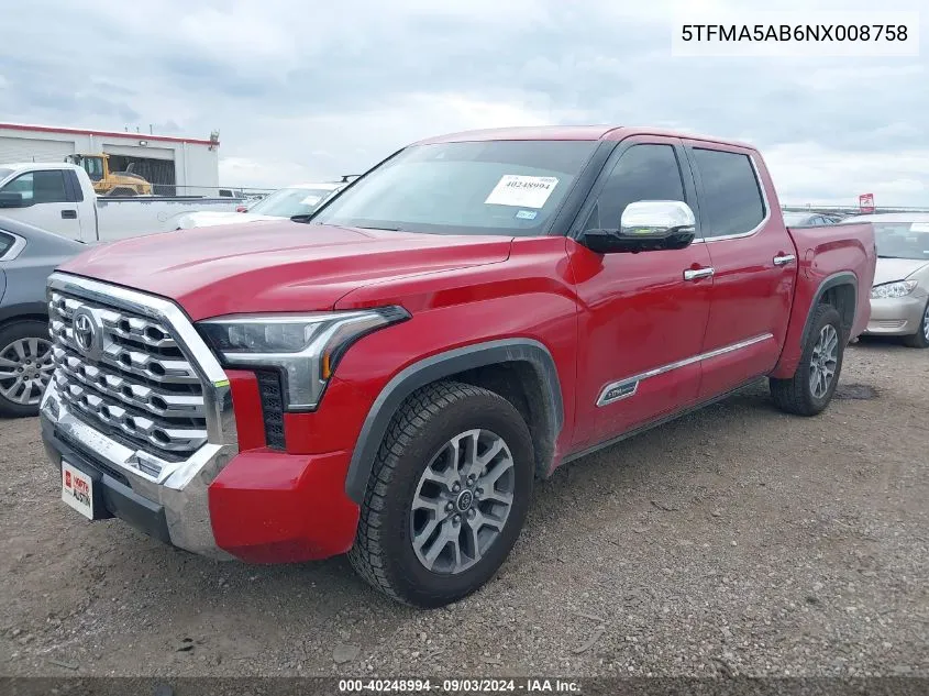 2022 Toyota Tundra 1794 Edition VIN: 5TFMA5AB6NX008758 Lot: 40248994