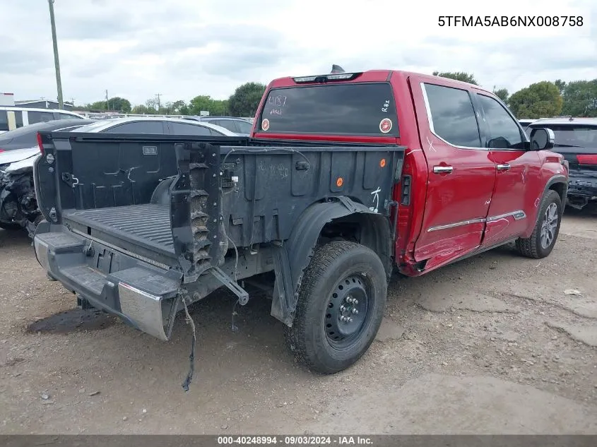 5TFMA5AB6NX008758 2022 Toyota Tundra 1794 Edition