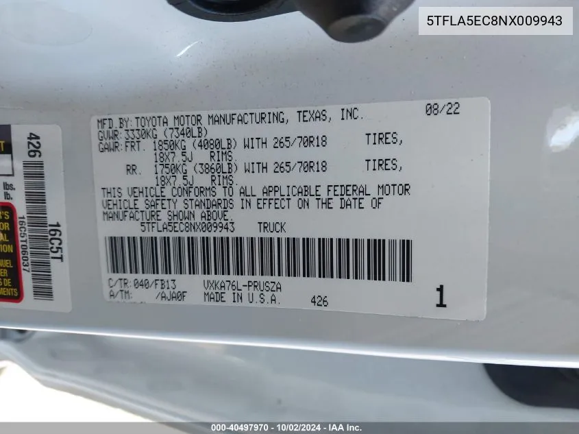 5TFLA5EC8NX009943 2022 Toyota Tundra Sr5