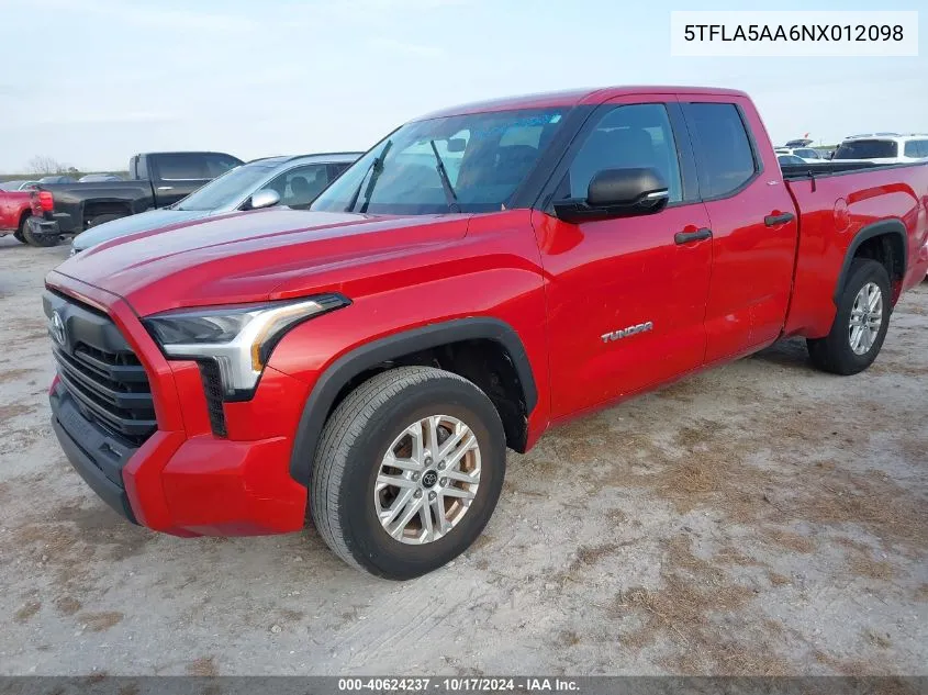 2022 Toyota Tundra Sr5 VIN: 5TFLA5AA6NX012098 Lot: 40624237