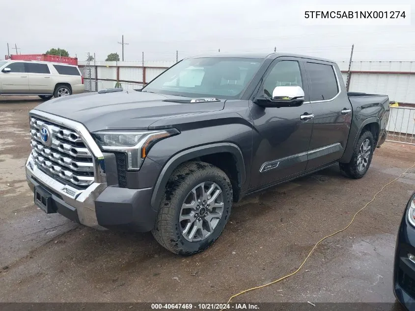 2022 Toyota Tundra Crewmax Platinum/Crewmax 1794 VIN: 5TFMC5AB1NX001274 Lot: 40647469