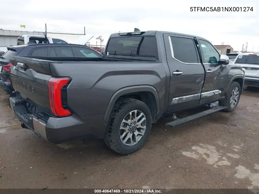 2022 Toyota Tundra Crewmax Platinum/Crewmax 1794 VIN: 5TFMC5AB1NX001274 Lot: 40647469