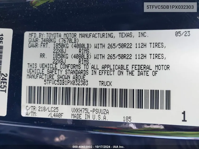 2023 Toyota Tundra Hybrid Crewmax Capstone VIN: 5TFVC5DB1PX032303 Lot: 40603002