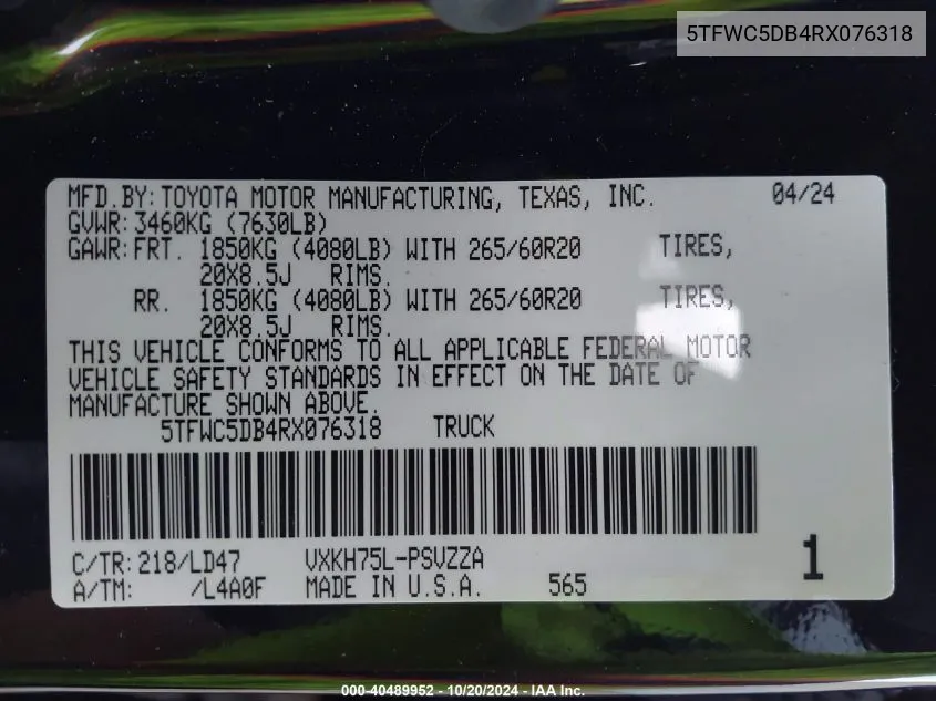 2024 Toyota Tundra Crewmax Limited/Crewmax P VIN: 5TFWC5DB4RX076318 Lot: 40489952