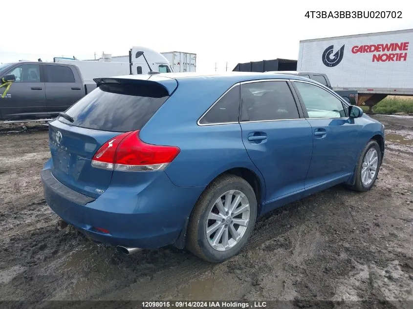 2011 Toyota Venza VIN: 4T3BA3BB3BU020702 Lot: 12098015