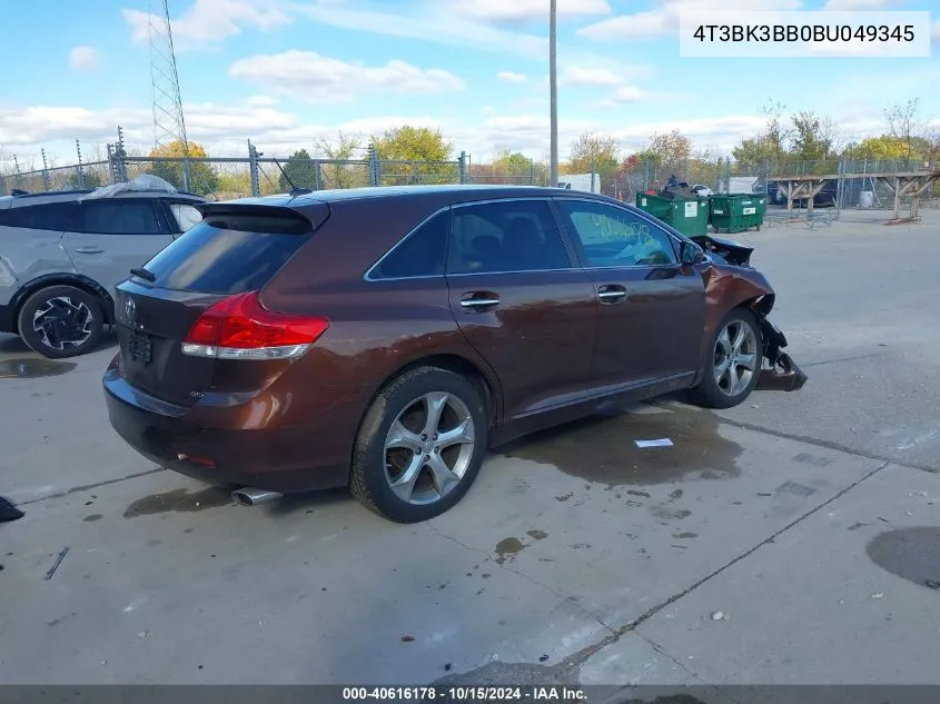 2011 Toyota Venza Base V6 VIN: 4T3BK3BB0BU049345 Lot: 40616178