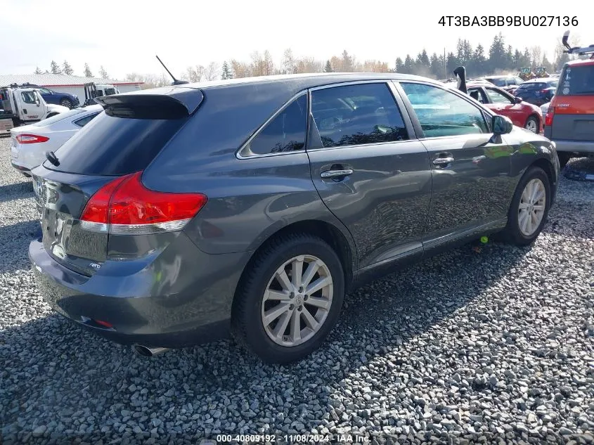 2011 Toyota Venza VIN: 4T3BA3BB9BU027136 Lot: 40809192