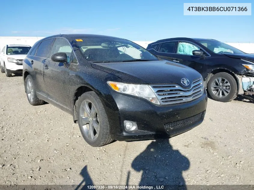 2012 Toyota Venza Base V6 VIN: 4T3BK3BB6CU071366 Lot: 12097330